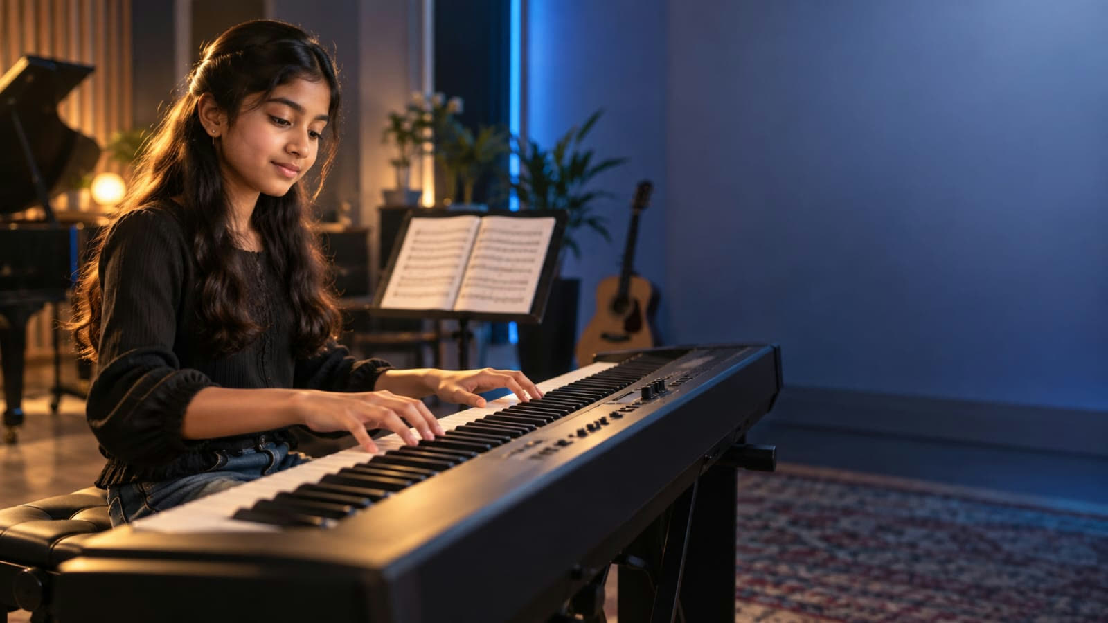 A student playing an electronic keyboard at home, sheet music on a stand beside her