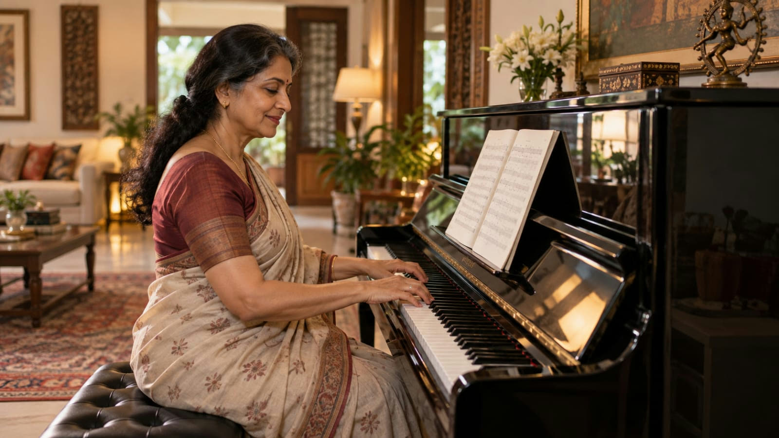 A woman playing an upright acoustic piano in a living room