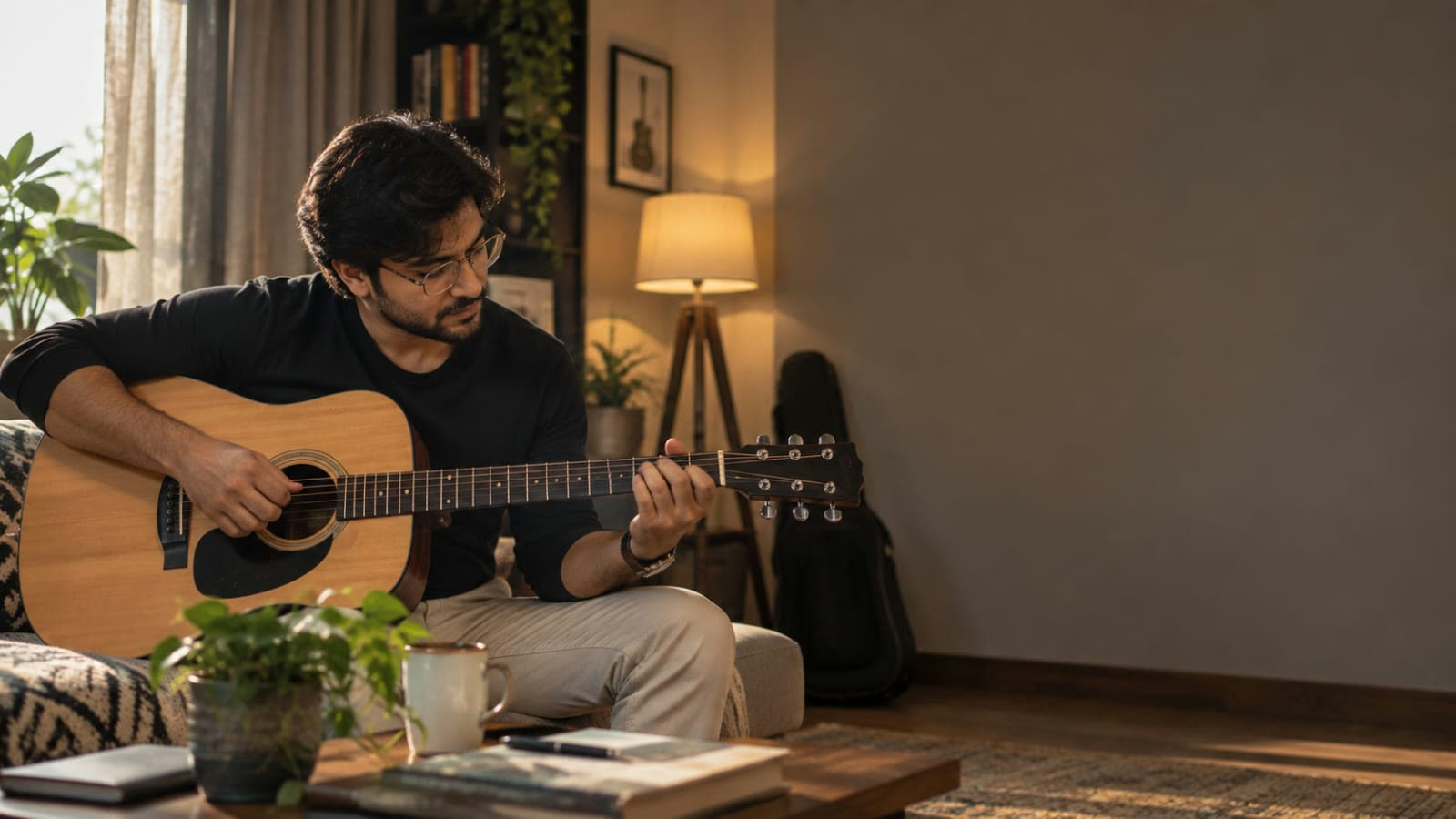 A student playing an acoustic guitar, seated at home