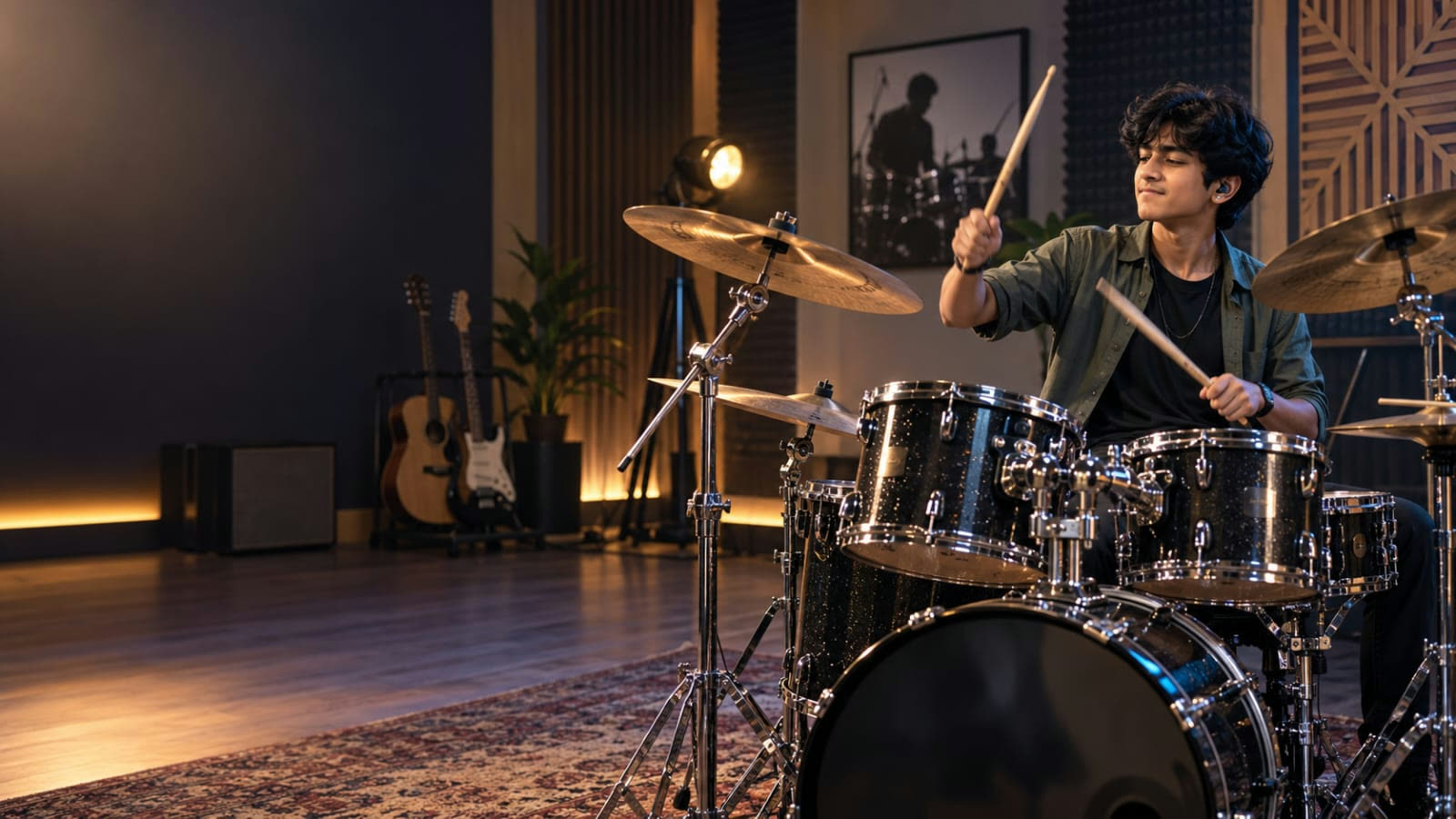 A teenage student mid-stroke behind a full drum kit