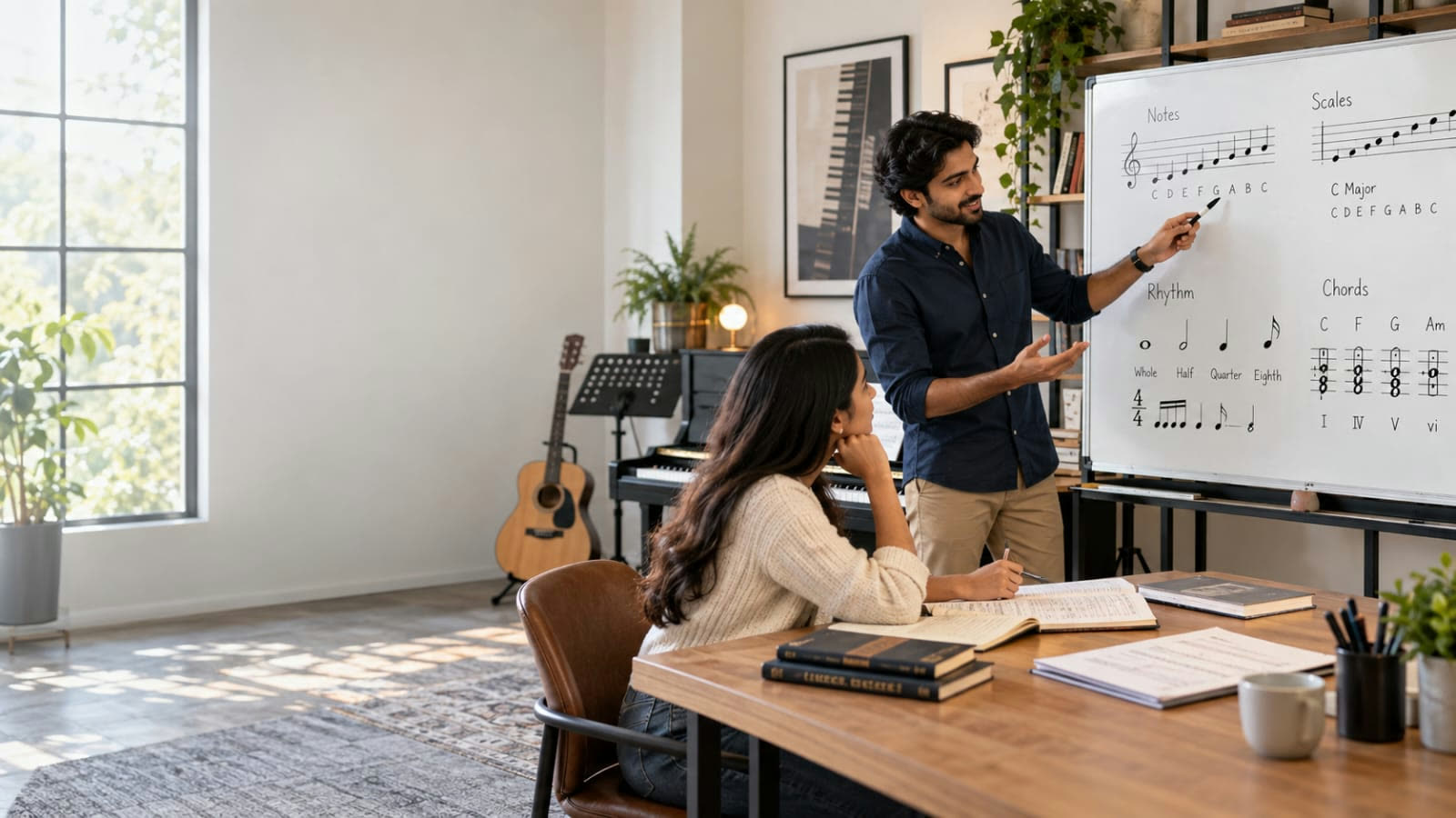 A teacher working through notation on a whiteboard with a seated student